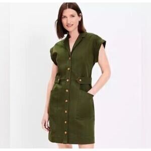 Loft Green Utility Button Shirt Mini Collared Cotton Modal Blend Dress Sz 14